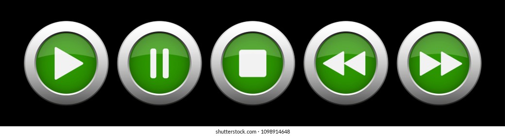 green metallic music control buttons set - five icons with shadows in front of a black background