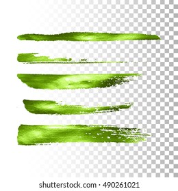 Green metallic paint brush stroke set. Vector paint brush stroke collection. Abstract glittering textured brush strokes. Vector illustration of a metallic foil banners