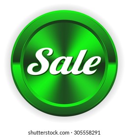 Green metallic sale button on white background