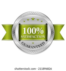 Green metallic satisfaction badge with ribbon on white background