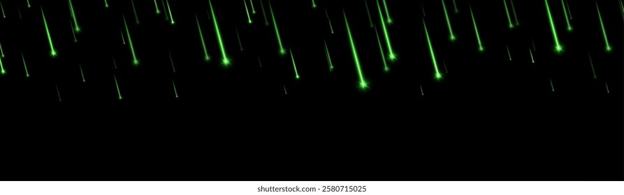 Green meteor rain, shooting stars background. Bright, streaking magic lights falling from the sky.