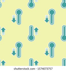 Green Meteorology thermometer measuring heat and cold icon isolated seamless pattern on yellow background. Thermometer equipment showing hot or cold weather.  Vector Illustration