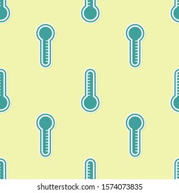 Green Meteorology thermometer measuring heat and cold icon isolated seamless pattern on yellow background. Thermometer equipment showing hot or cold weather.  Vector Illustration