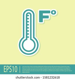 Green Meteorology thermometer measuring heat and cold icon isolated on yellow background. Temperature Fahrenheit.  Vector Illustration