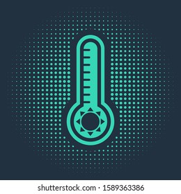 Green Meteorology thermometer measuring heat and cold icon isolated on blue background. Thermometer equipment showing hot or cold weather. Abstract circle random dots. Vector Illustration