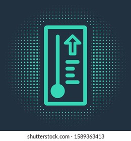 Green Meteorology thermometer measuring heat and cold icon isolated on blue background. Thermometer equipment showing hot or cold weather. Abstract circle random dots. Vector Illustration