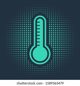 Green Meteorology thermometer measuring heat and cold icon isolated on blue background. Thermometer equipment showing hot or cold weather. Abstract circle random dots. Vector Illustration