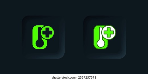 Green Meteorology thermometer measuring heat and cold icon isolated on black background. Thermometer equipment showing hot or cold weather. Black square button. Vector