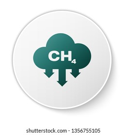 Green Methane emissions reduction icon isolated on white background. CH4 molecule model and chemical formula. Marsh gas. Natural gas. White circle button. Vector Illustration