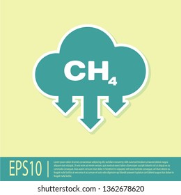 Green Methane emissions reduction icon isolated on yellow background. CH4 molecule model and chemical formula. Marsh gas. Natural gas. Flat design. Vector Illustration