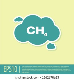 Green Methane emissions reduction icon isolated on yellow background. CH4 molecule model and chemical formula. Marsh gas. Natural gas. Flat design. Vector Illustration