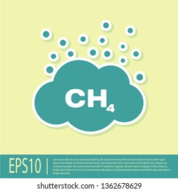 Green Methane emissions reduction icon isolated on yellow background. CH4 molecule model and chemical formula. Marsh gas. Natural gas. Flat design. Vector Illustration