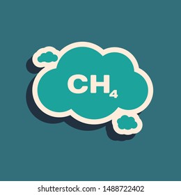 Green Methane emissions reduction icon isolated on blue background. CH4 molecule model and chemical formula. Marsh gas. Natural gas. Long shadow style. Vector Illustration