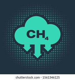 Green Methane emissions reduction icon isolated on blue background. CH4 molecule model and chemical formula. Marsh gas. Natural gas. Abstract circle random dots. Vector Illustration