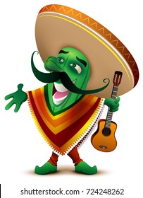 Green Mexican cactus in sombrero and poncho sings. Isolated on white vector cartoon illustration