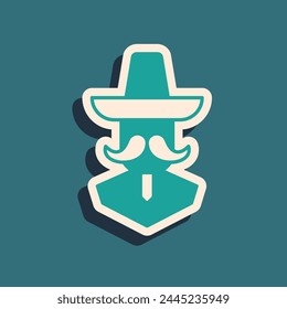 Green Mexican man wearing sombrero icon isolated on green background. Hispanic man with a mustache. Long shadow style. Vector