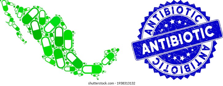 Green Mexican mosaic map combined of medication granule items, and Antibiotic grunge seal stamp. Vector medication granule scattered flat green items are composed into mosaic map of Mexico.
