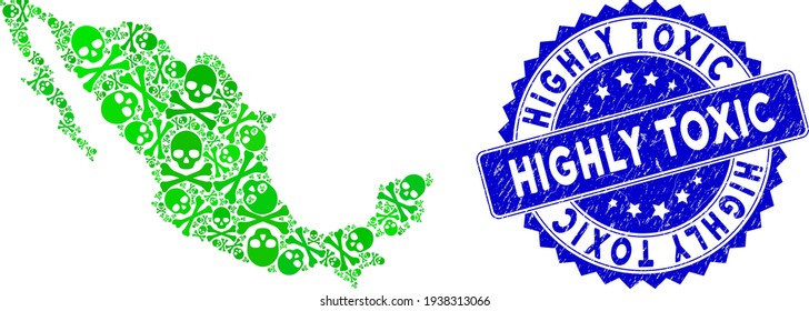Green Mexican mosaic map created of death skull pictograms, and Highly Toxic scratched watermark. Vector death skull randomized flat green items are composed into mosaic map of Mexico state.