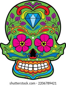 Green Mexican Skull with Colorful Details 1