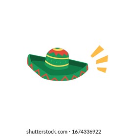 Green Mexican sombrero isolated on white background - flat cartoon hat with colorful pattern - traditional costume accessory or party element, vector illustration