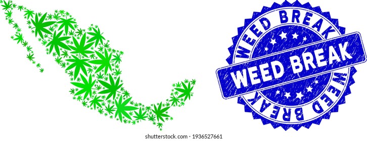 Green Mexico collage map done of Mexican marijuana elements, and Weed Break distress badge. Vector Mexican marijuana random flat green design elements are organized into conceptual map of Mexico.