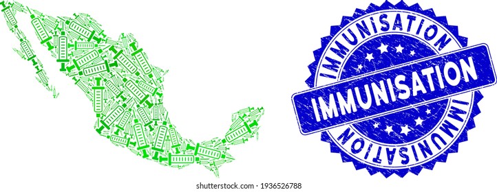 Green Mexico collage map organized of syringe elements, and Immunisation textured seal stamp. Vector syringe randomized flat green design elements are organized into conceptual map of Mexico.