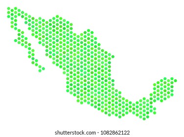 Green Mexico map. Vector hexagonal geographic map drawn with green color tones. Abstract Mexico map composition is made with hex tile spots.