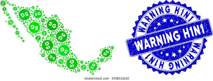 Green Mexico mosaic map composed of 5G Covid virus design elements, and Warning H1N1 grunge stamp. Vector 5G Covid virus scatter flat green pictograms are united into mosaic map of Mexico state.