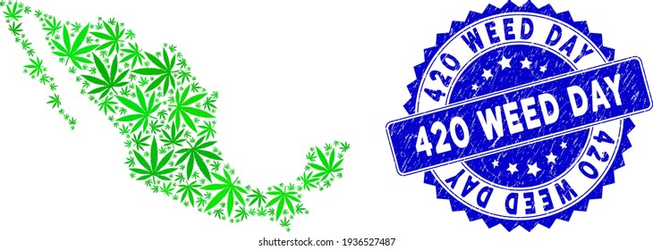 Green Mexico Mosaik Karte entworfen von Marihuana Ikonen, und 420 Weed Day strukturierte Robbenstempel. Vector marihuana randomisierte flache grüne Design Elemente sind in Mosaik Karte von Mexiko Land organisiert.