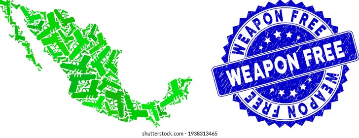 Green Mexico mosaic map designed of pistol gun items, and Weapon Free scratched seal stamp. Vector pistol gun random flat green elements are organized into mosaic map of Mexico state.