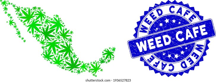 Mapa de mosaicos del México verde hecho de elementos de cannabis, y marca de agua grunge de Weed Cafe. Los íconos verdes planos de dispersión de cannabis vectorial se organizan en un mapa de mosaicos del estado de México.