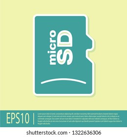 Green Micro SD memory card icon isolated on yellow background. Flat design. Vector Illustration