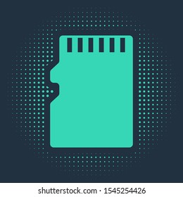 Green Micro SD memory card icon isolated on blue background. Abstract circle random dots. Vector Illustration