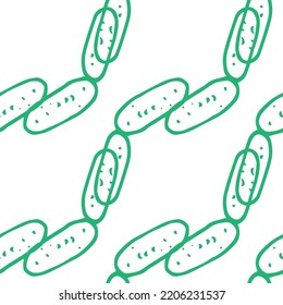 green microbe icon in double long shape with dots, seamless pattern in the style of hand-drawn doodles, double oval, connected bacteria with isolated green intersecting contour and texture of dots hig