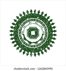 Green microchip, microprocessor icon inside distressed rubber texture