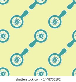 Green Microorganisms under magnifier icon isolated seamless pattern on yellow background. Bacteria and germs, cell cancer, microbe, virus, fungi.  Vector Illustration