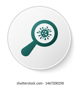Green Microorganisms under magnifier icon isolated on white background. Bacteria and germs, cell cancer, microbe, virus, fungi. White circle button. Vector Illustration