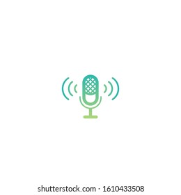 green  microphone with audio waves icon. Voice recognition, AI personal assistant. radio, podcast logo. Audio message, recorder, speak sign. Vector illustration isolated on white 