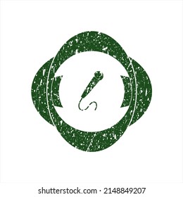 Icono de micrófono verde dentro del sello de textura de grunge de goma con problemas. 