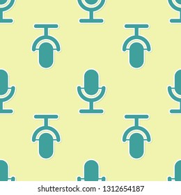 Green Microphone icon isolated seamless pattern on yellow background. On air radio mic microphone. Speaker sign. Vector Illustration