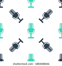 Green Microphone icon isolated seamless pattern on white background. On air radio mic microphone. Speaker sign. Vector.