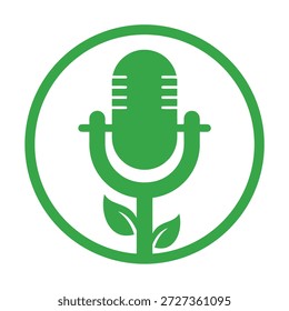 Green microphone logo with leafy plant stem and circular frame icon icon