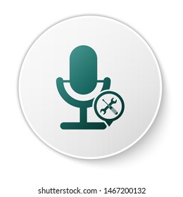 Green Microphone with screwdriver and wrench icon isolated on white background. Adjusting, service, setting, maintenance, repair, fixing. White circle button. Vector Illustration