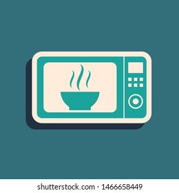 Green Microwave oven icon isolated on blue background. Home appliances icon. Long shadow style. Vector Illustration