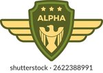 Green military badge with spread wings, eagle, three stars and alpha writing showing power and leadership, ideal for army, air force and security concepts