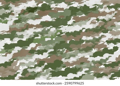 Green military camouflage seamless pattern. Army camo texture with abstract, pixelated shapes in shades of green, brown, white, and gray. Ideal for military designs, tactical gear, outdoor backgrounds