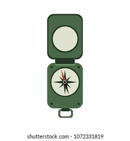 Green military compass. Traveler's army style compass with the lid. Vector flat icon illustration, isolated on white background.
