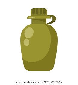 Green military flask for water cartoon illustration. Drinking flask for soldiers and officers, camping or battlefield element on white background. Army, equipment concept