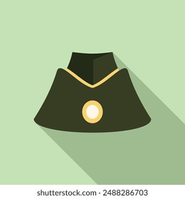 Green military garrison cap with yellow piping and cockade casting a long shadow on a green background