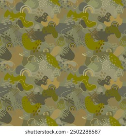 Green military hand draw camouflage seamless pattern. Modern abstract shapes hand draw hunting camo pattern